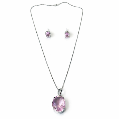 Pink Topaz Cubic Zirconia American Diamond Silver Plated Pendant Set