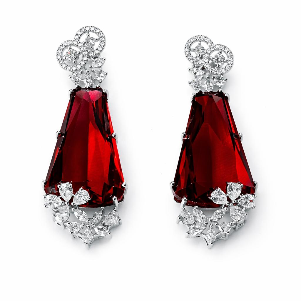 Red Ruby Cubic Zirconia American Diamond Silver Plated Earrings