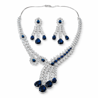 Blue Sapphire Cubic Zirconia American Diamond Silver Plated Necklace Set