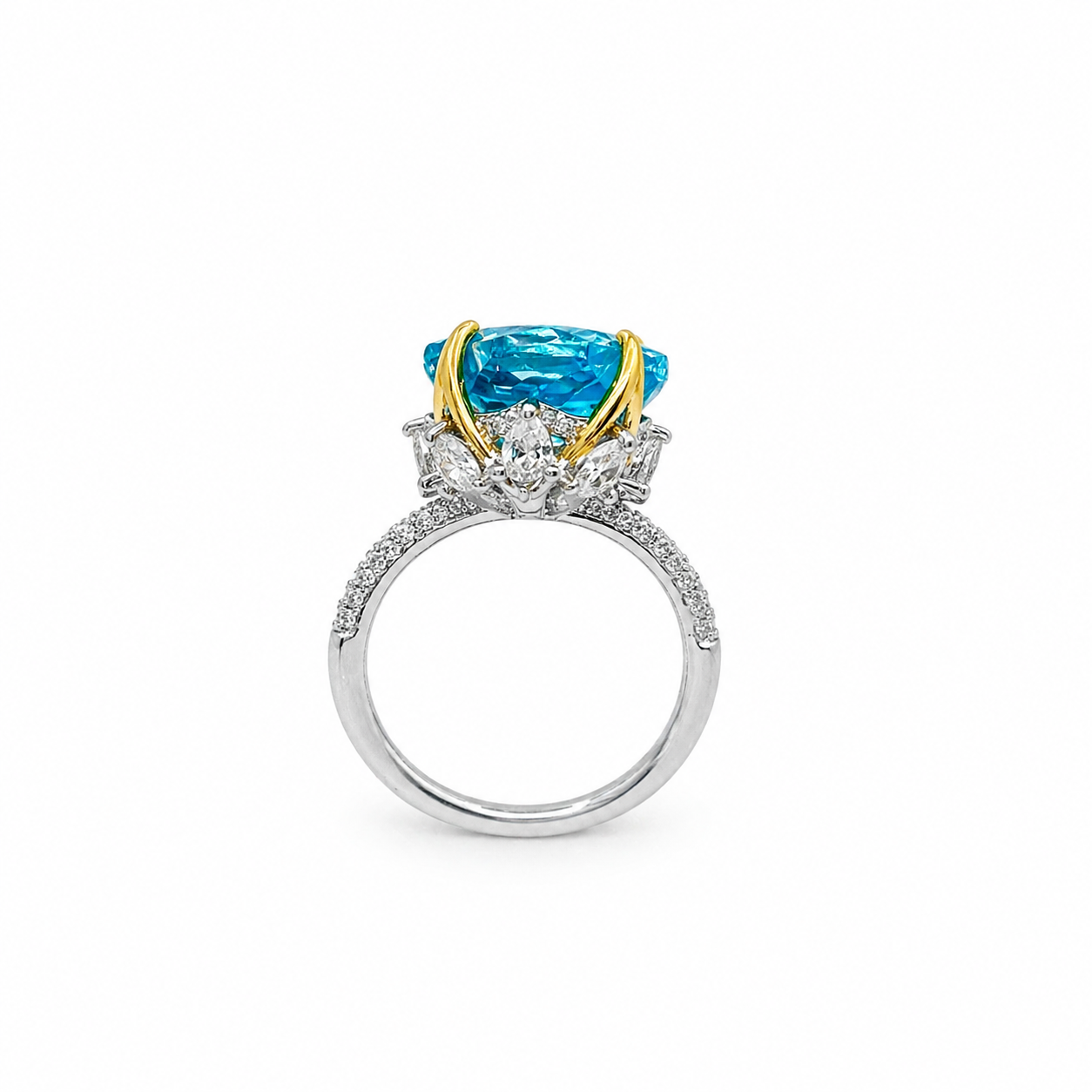 Aqua Blue White Sapphire Cubic Zirconia Ice Cut American Diamond Gold/Silver Plated Adjustable Ring