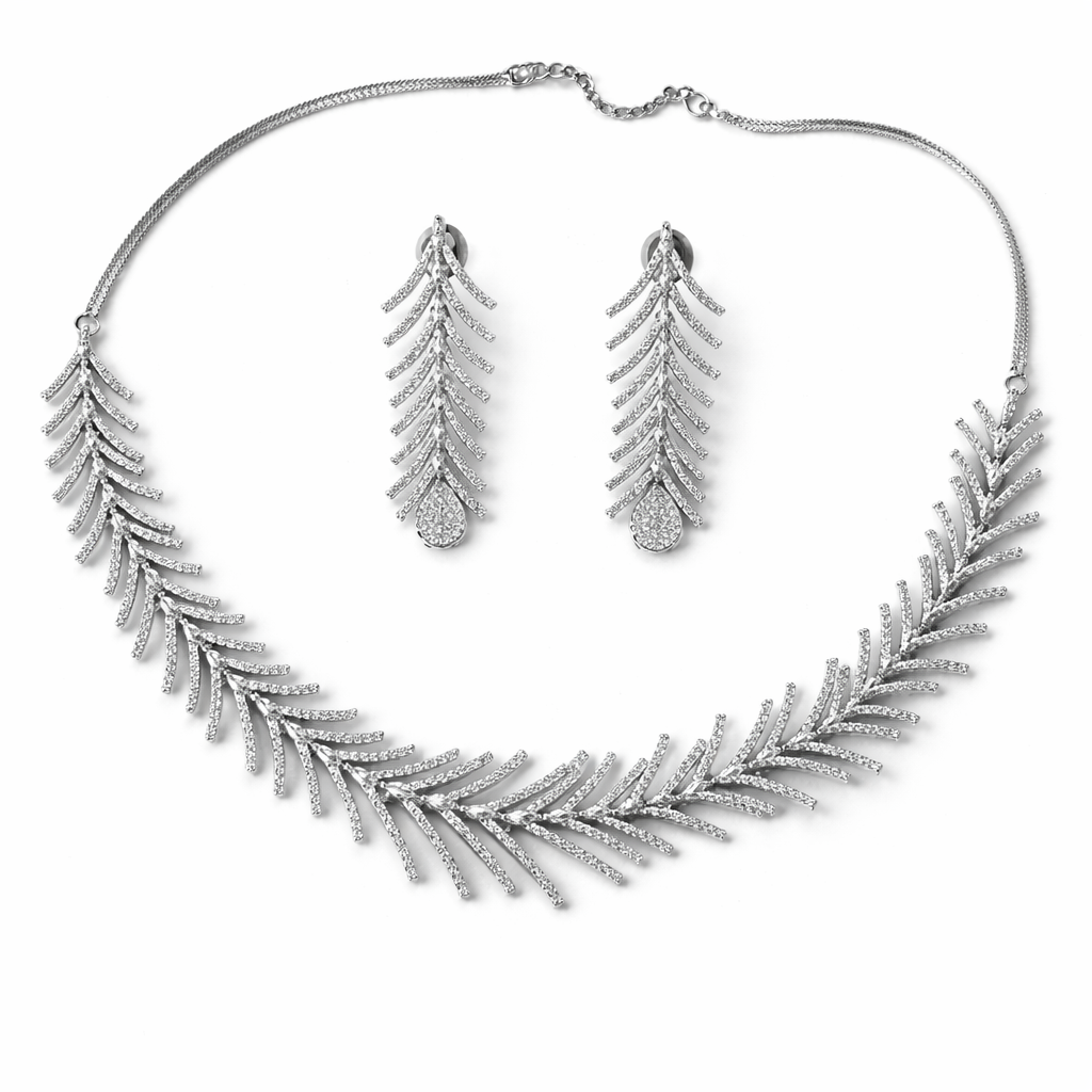 Solitaire Cubic Zirconia American Diamond Silver Plated Necklace Set
