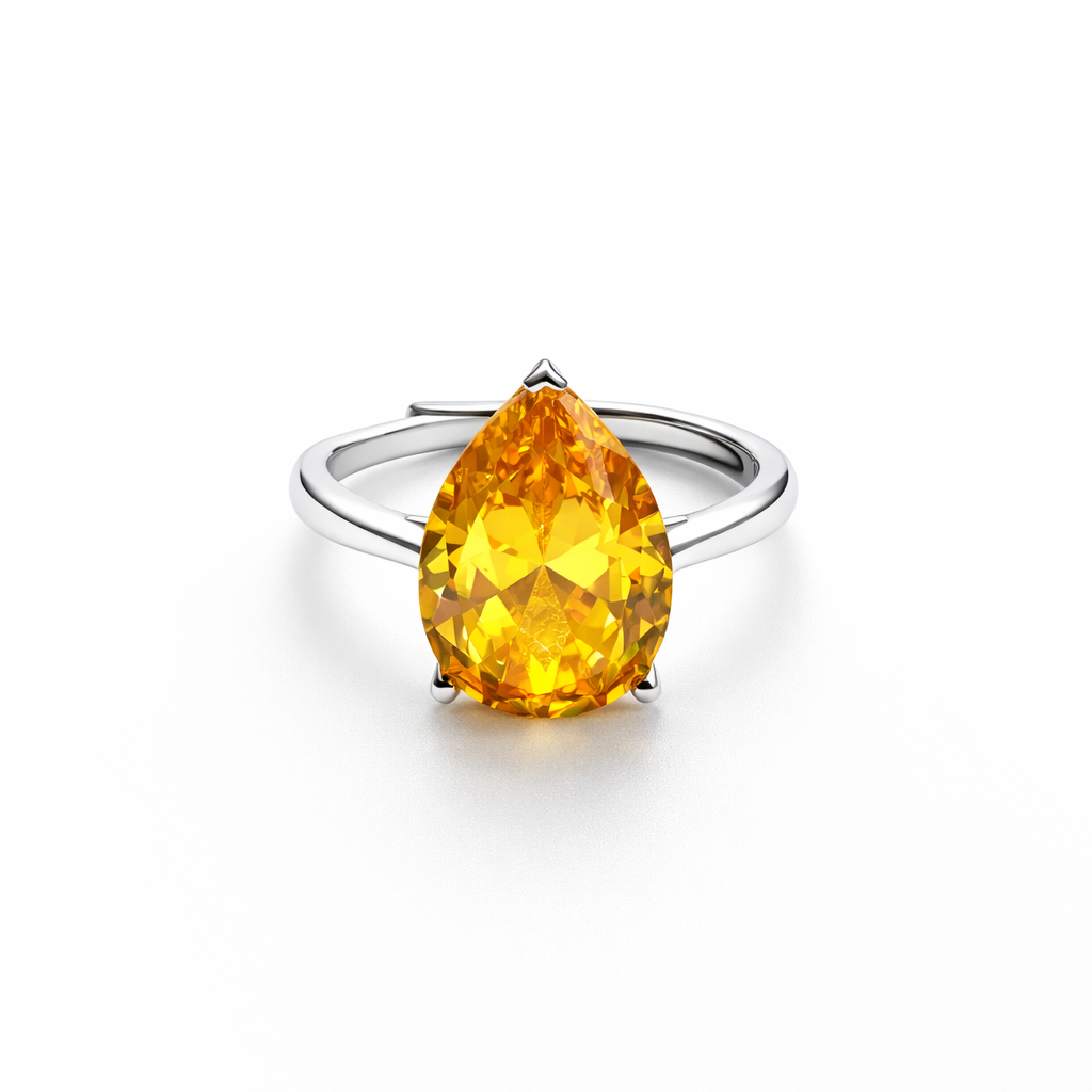 Yellow Topaz Cubic Zirconia Ice Cut American Diamond Silver Plated Adjustable Ring