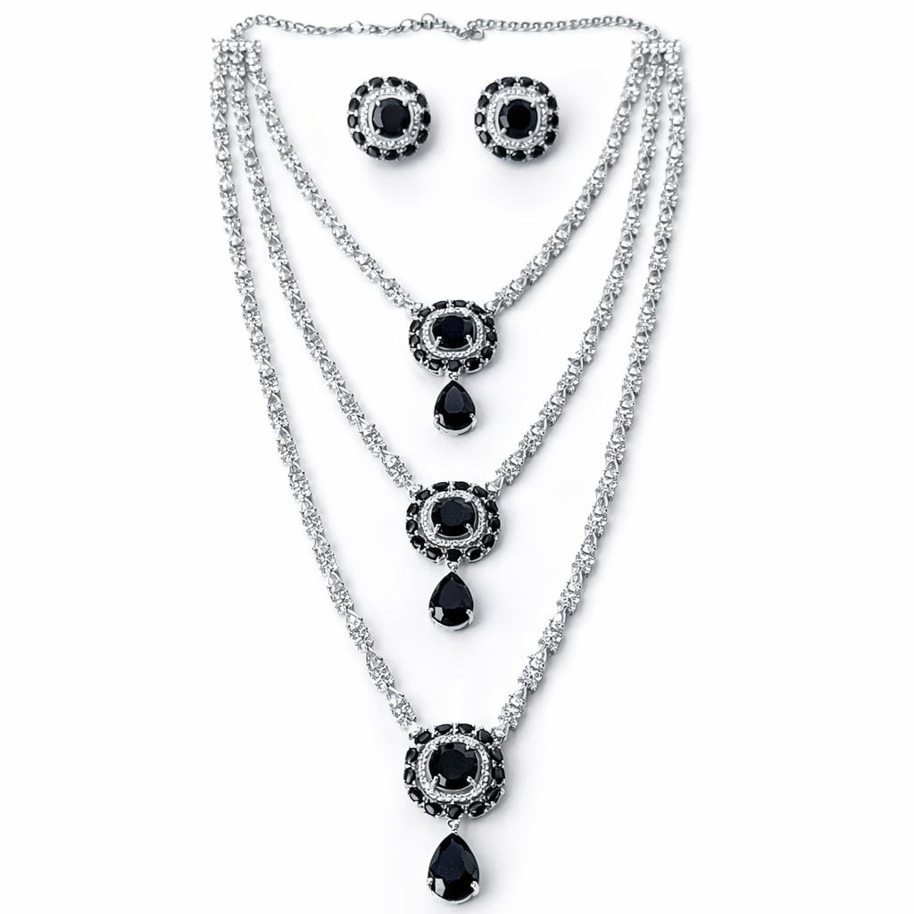 Black Cubic Zirconia American Diamond Silver Plated Necklace Set