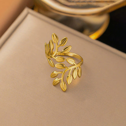 Leaf Design Stainless Steel Gold Plated Adjustable Ring