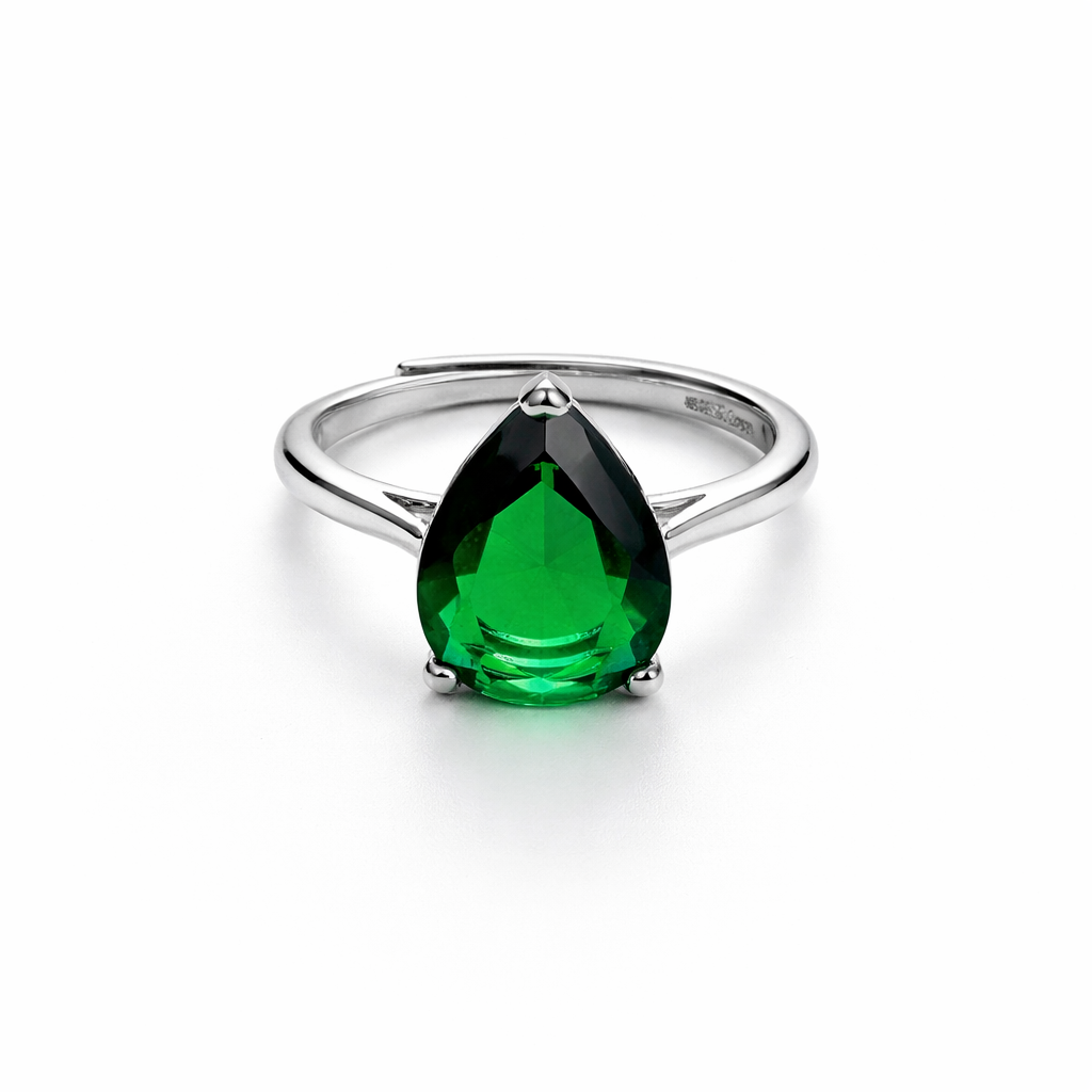 Green Emerald Cubic Zirconia Ice Cut American Diamond Silver Plated Adjustable Ring