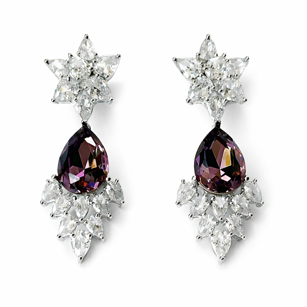 Purple Amethyst Swarovski Crystal American Diamond Silver Plated Earrings