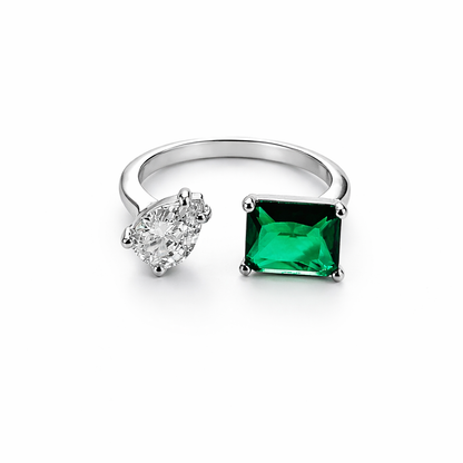 Green Emerald Cubic Zirconia American Diamond Silver Plated Adjustable Ring