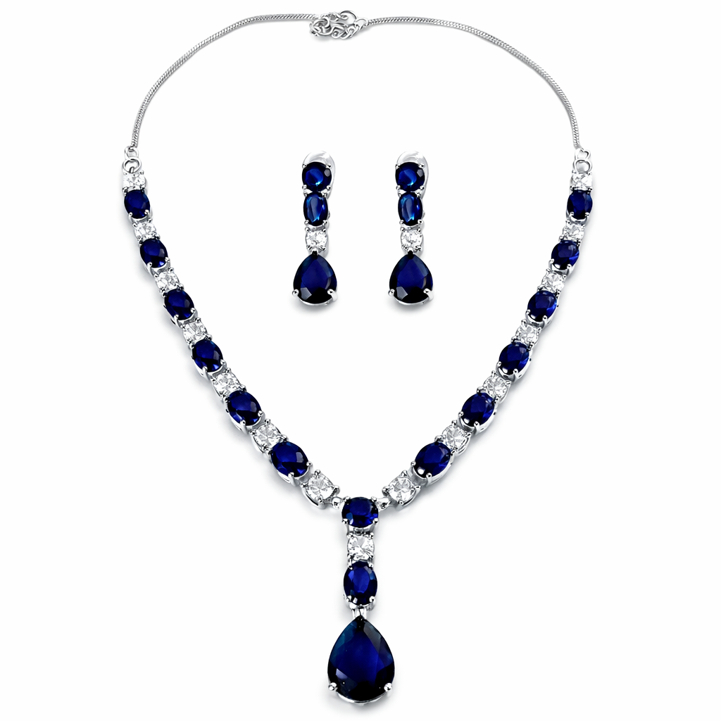 Blue Sapphire Cubic Zirconia American Diamond Silver Plated Necklace Set