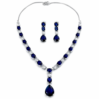 Blue Sapphire Cubic Zirconia American Diamond Silver Plated Necklace Set