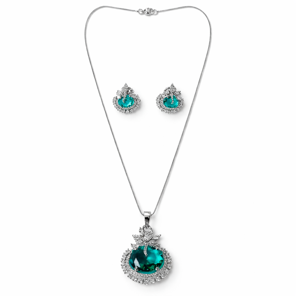Sea Green Topaz Cubic Zirconia American Diamond Silver Plated Pendant Set