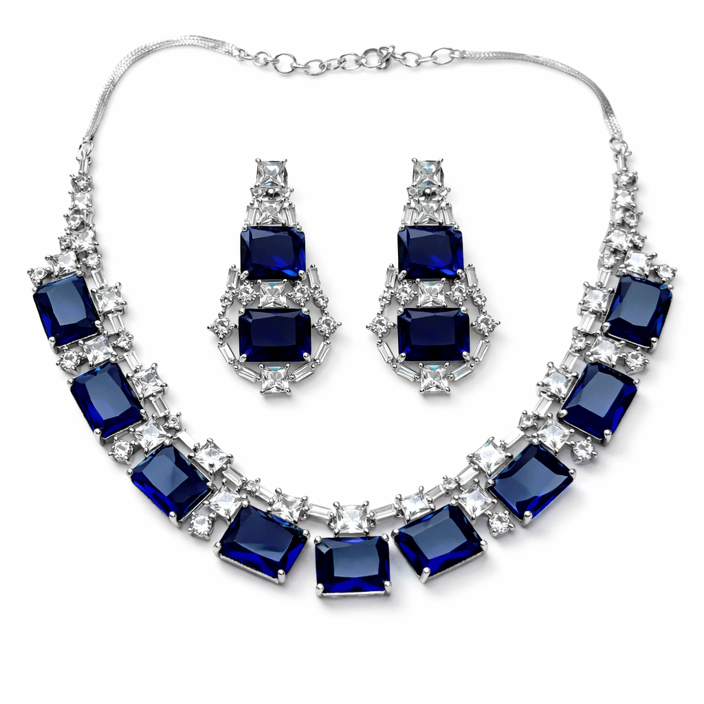 Blue Sapphire Cubic Zirconia American Diamond Silver Plated Necklace Set