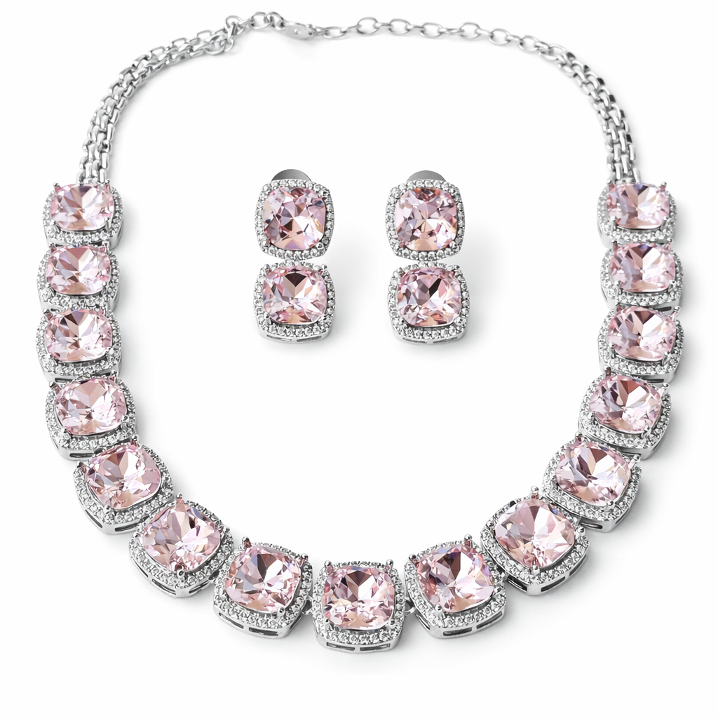 Light Indian Rose Swarovski Crystal American Diamond Silver Plated Necklace Set