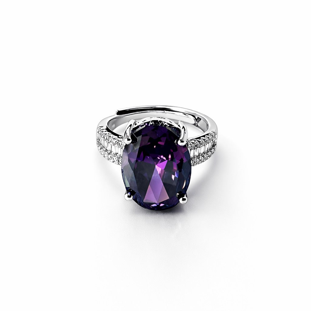 Purple Amethyst Cubic Zirconia Ice Cut American Diamond Silver Plated Adjustable Ring