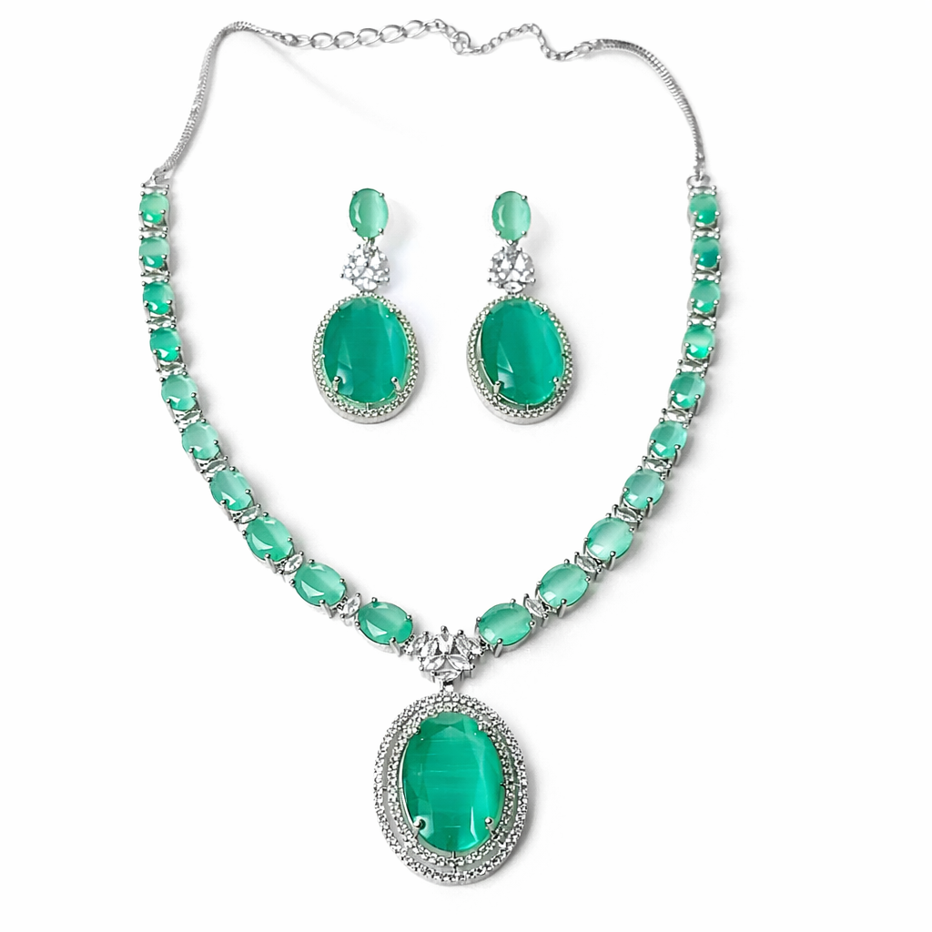 Mint Green Topaz Cubic Zirconia American Diamond Silver Plated Necklace Set