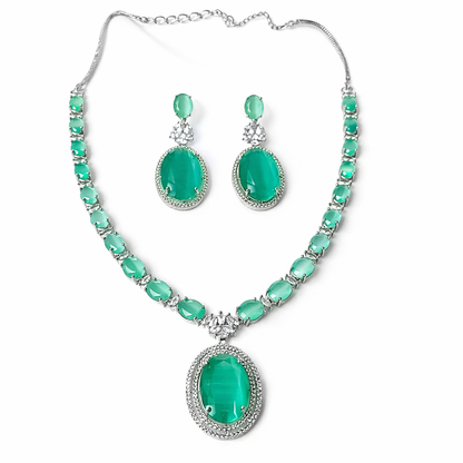 Mint Green Topaz Cubic Zirconia American Diamond Silver Plated Necklace Set