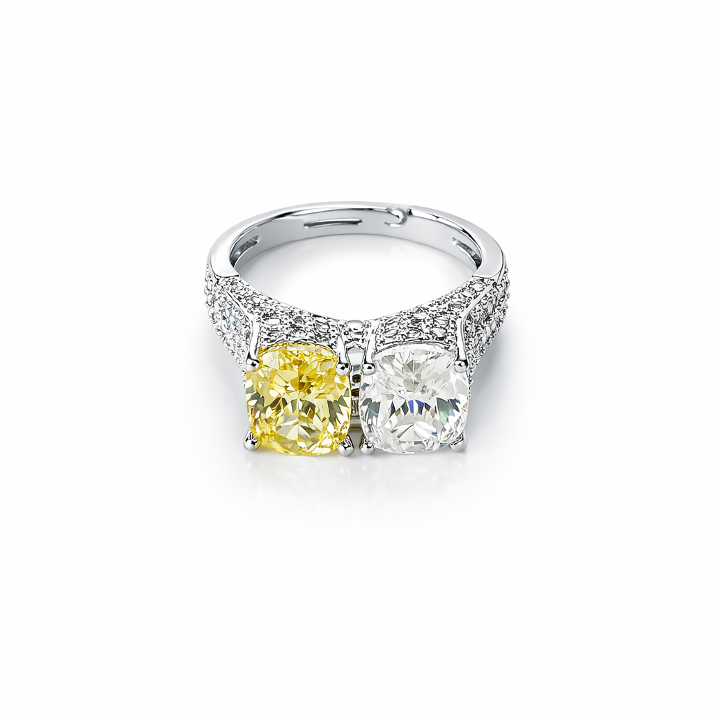 Yellow Topaz & Solitaire Cubic Zirconia Ice Cut American Diamond Silver Plated Adjustable Ring