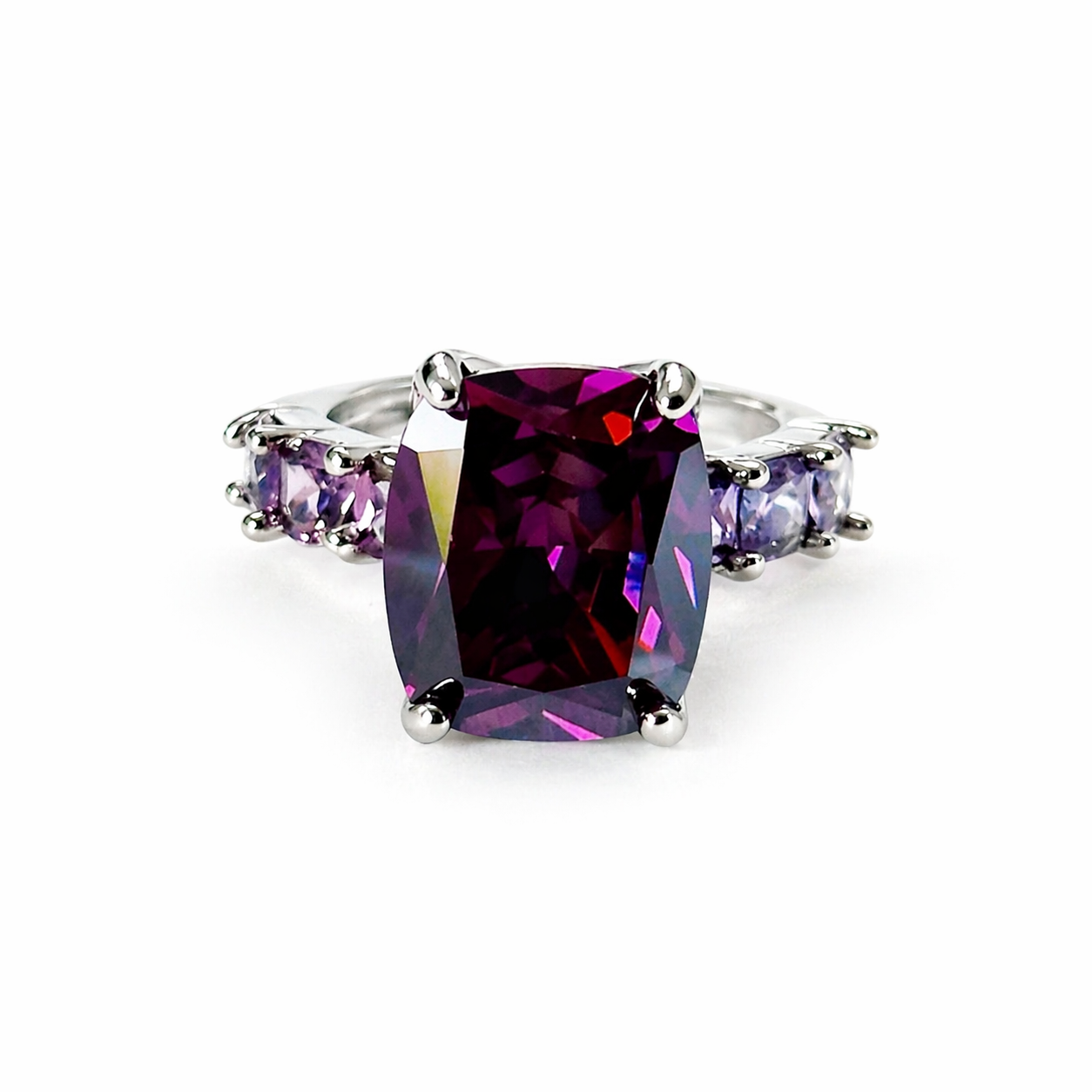 Purple Amethyst Cubic Zirconia Ice Cut American Diamond Silver Plated Adjustable Ring