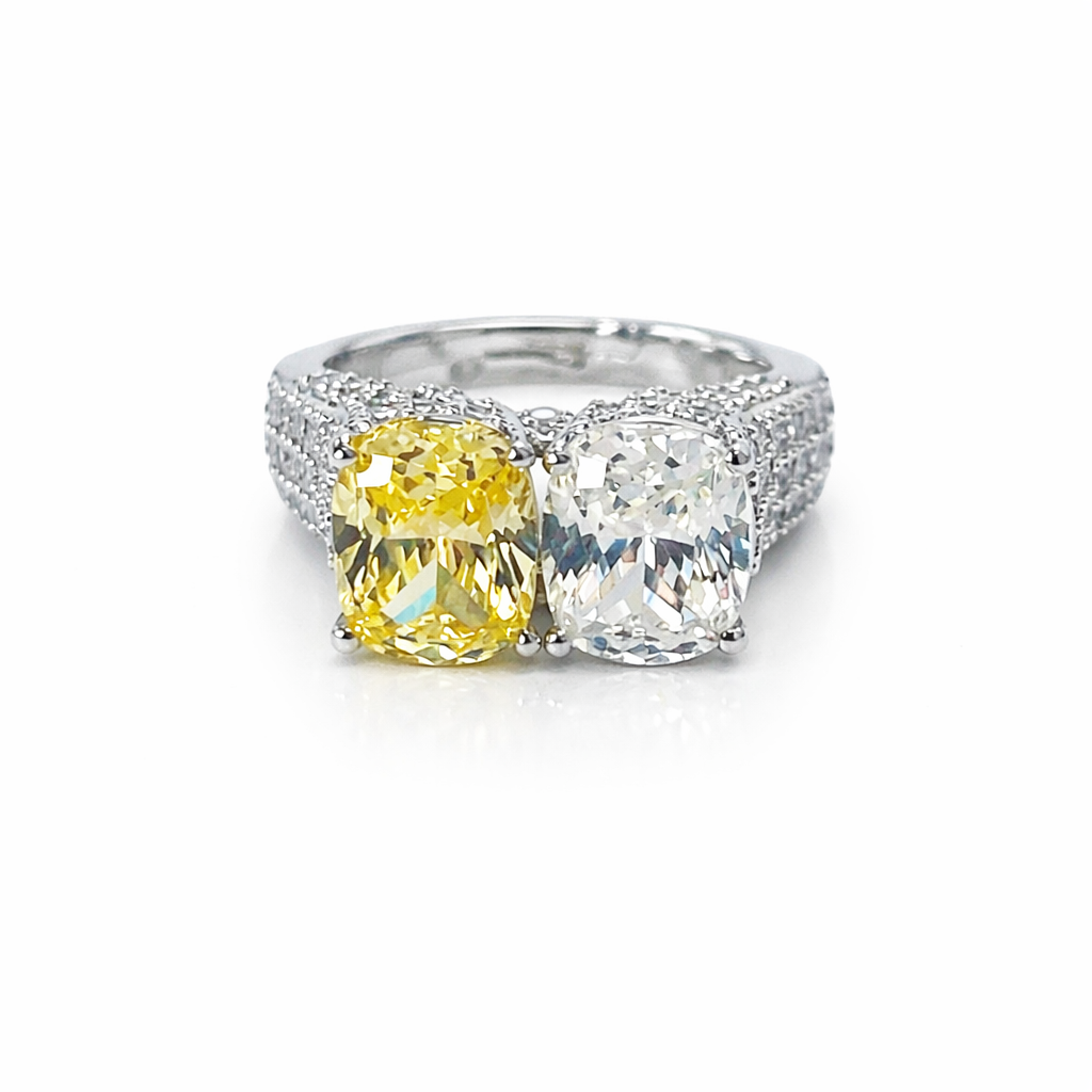Yellow Topaz & Solitaire Cubic Zirconia Ice Cut American Diamond Silver Plated Adjustable Ring