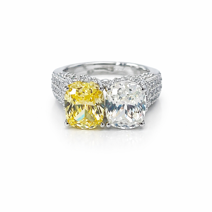 Yellow Topaz & Solitaire Cubic Zirconia Ice Cut American Diamond Silver Plated Adjustable Ring
