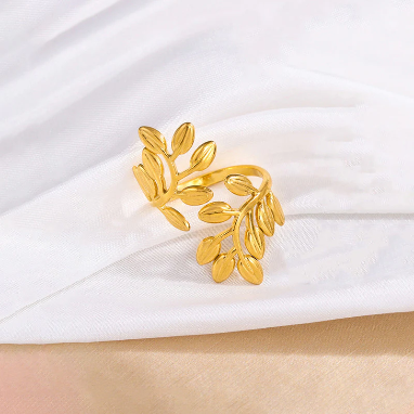 Leaf Design Stainless Steel Gold Plated Adjustable Ring