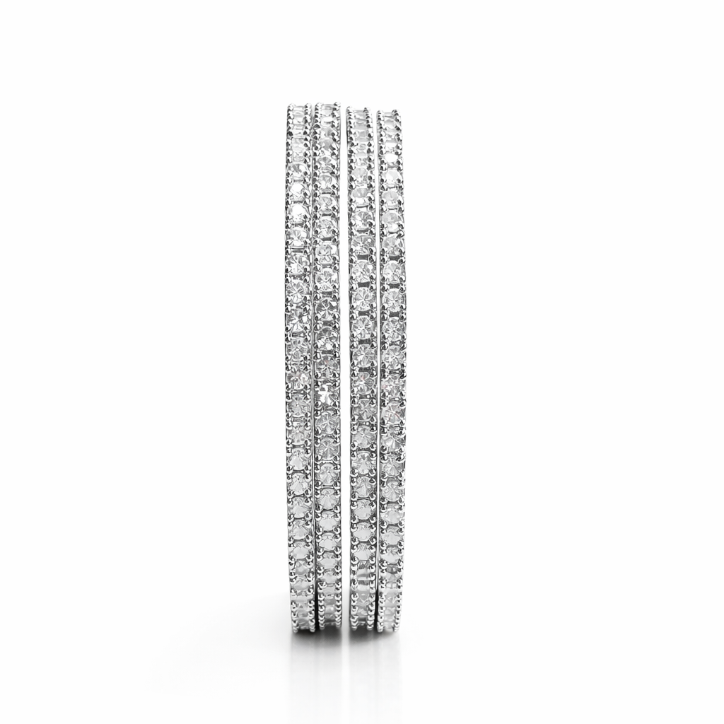 Solitaire Cubic Zirconia American Diamond Silver Plated Bangles, Set of 4