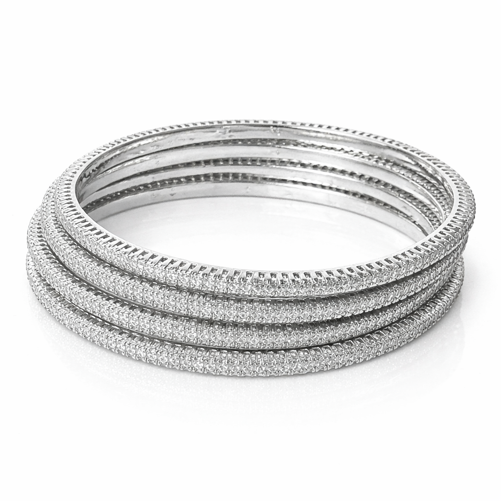 Solitaire Cubic Zirconia American Diamond Silver Plated Bangles, Set of 4