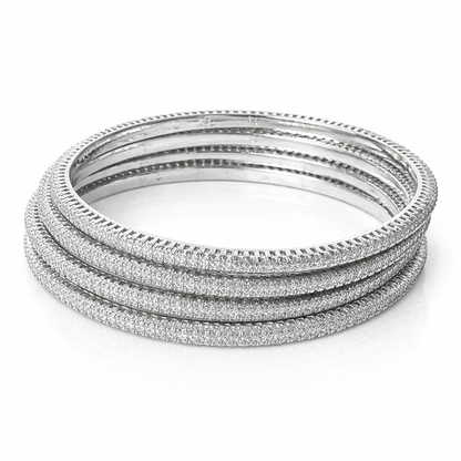 Solitaire Cubic Zirconia American Diamond Silver Plated Bangles, Set of 4