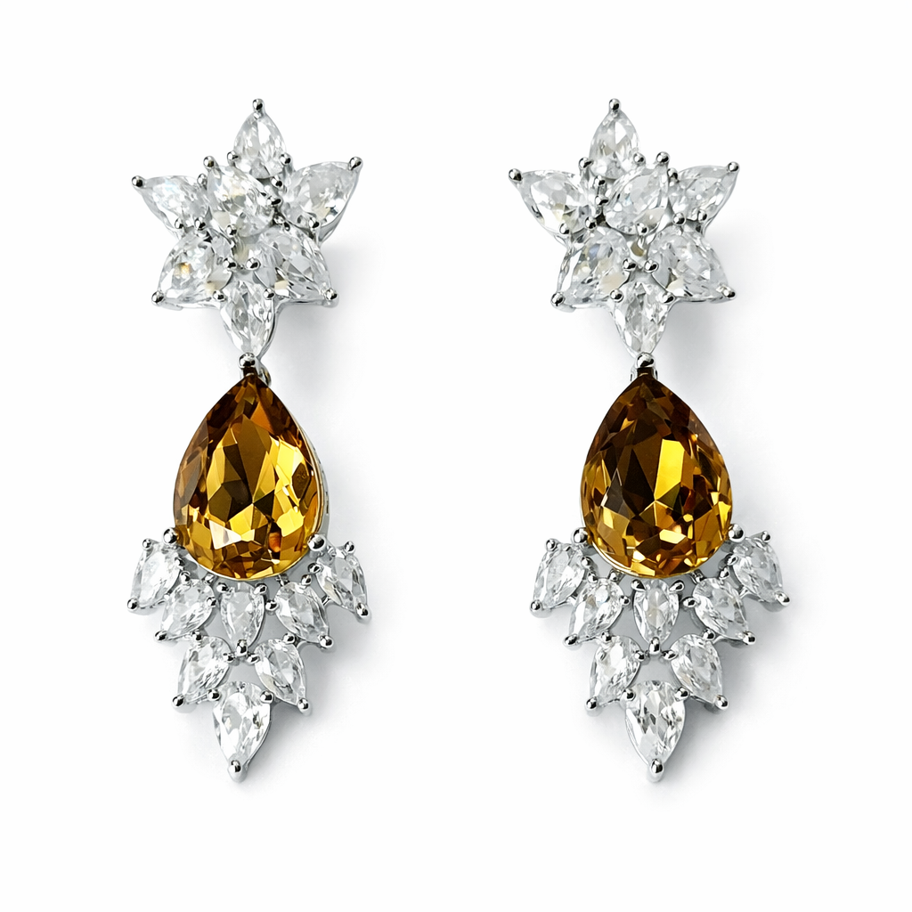 Yellow Topaz Swarovski Crystal American Diamond Silver Plated Earrings