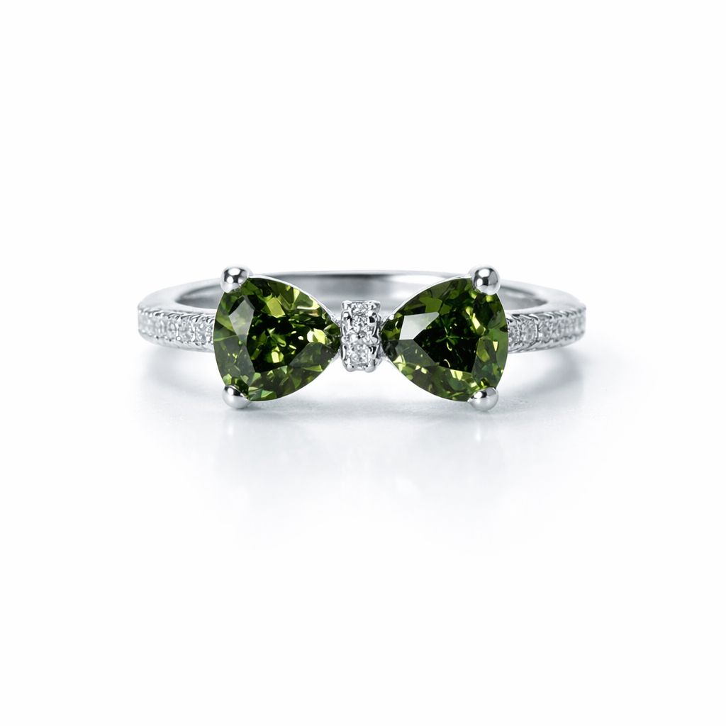 Olive Green Cubic Zirconia American Diamond Silver Plated Adjustable Ring