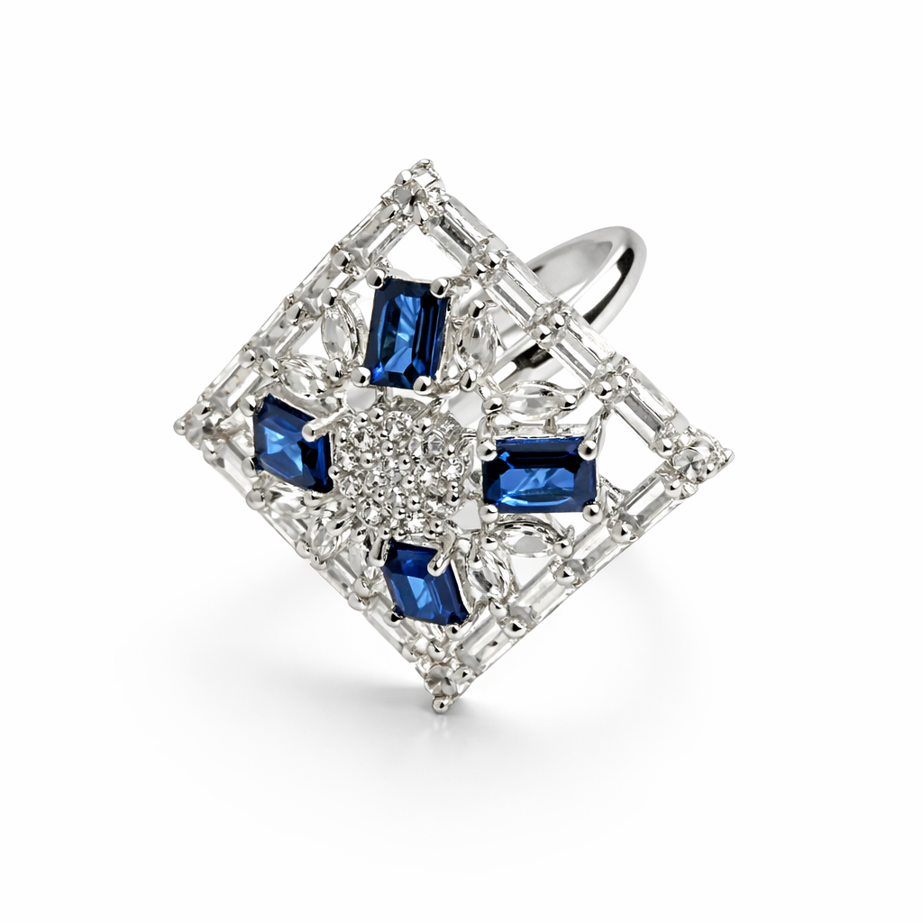 Blue Sapphire Cubic Zirconia American Diamond Silver Plated Adjustable Ring