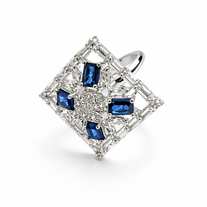 Blue Sapphire Cubic Zirconia American Diamond Silver Plated Adjustable Ring