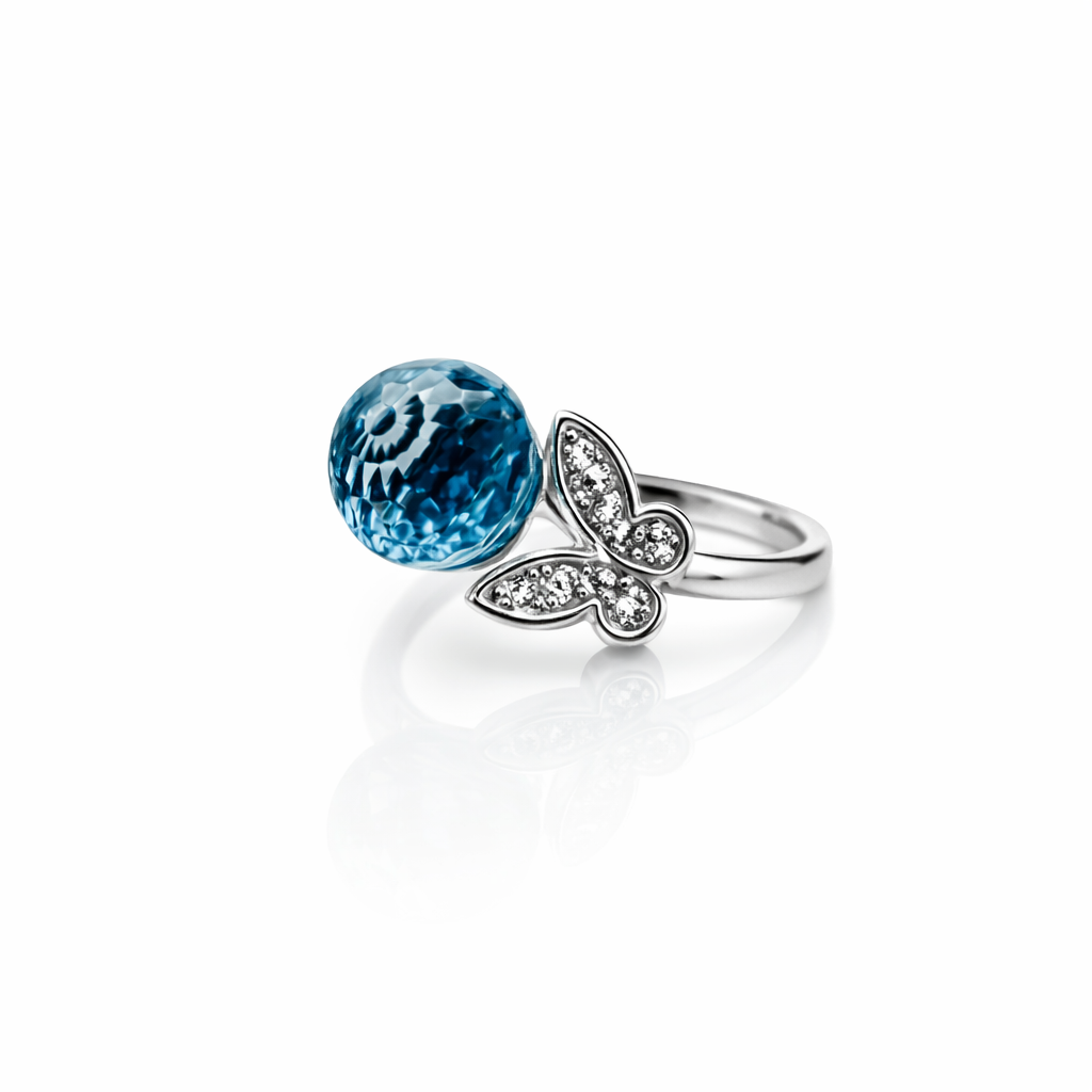 Aqua Blue Sapphire Cubic Zirconia American Diamond Silver Plated Adjustable Ring