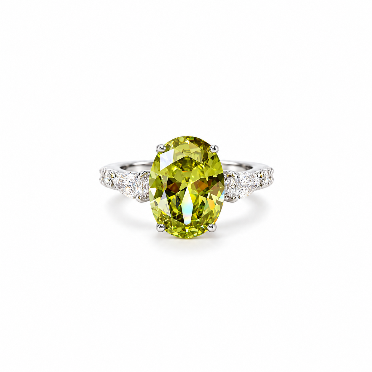 Olive Green Cubic Zirconia Ice Cut American Diamond Silver Plated Adjustable Ring