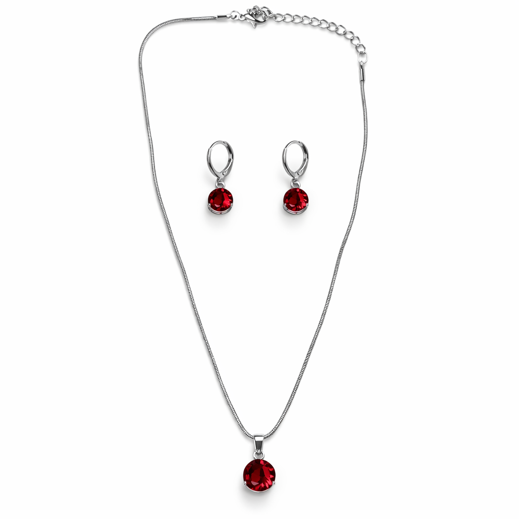 Red Ruby Cubic Zirconia American Diamond Silver Plated Pendant Set