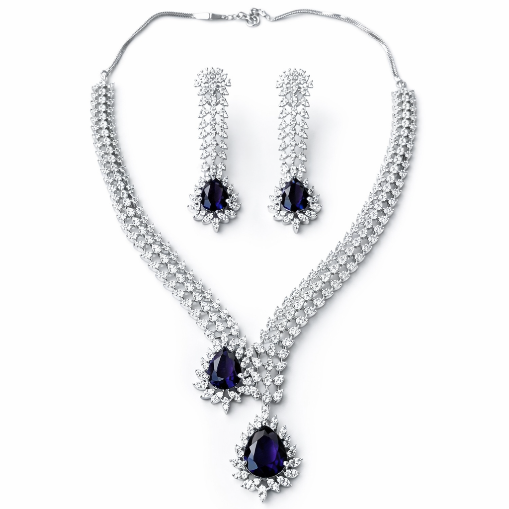 Purple Amethyst Cubic Zirconia American Diamond Silver Plated Necklace Set