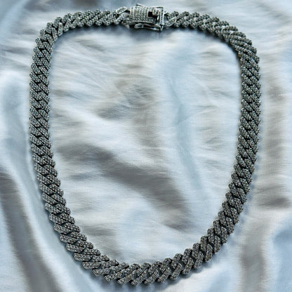 Solitaire Cubic Zirconia Iced-Out American Diamond Silver Plated Cuban Neck Chain [Unisex (19.5 Inches)]
