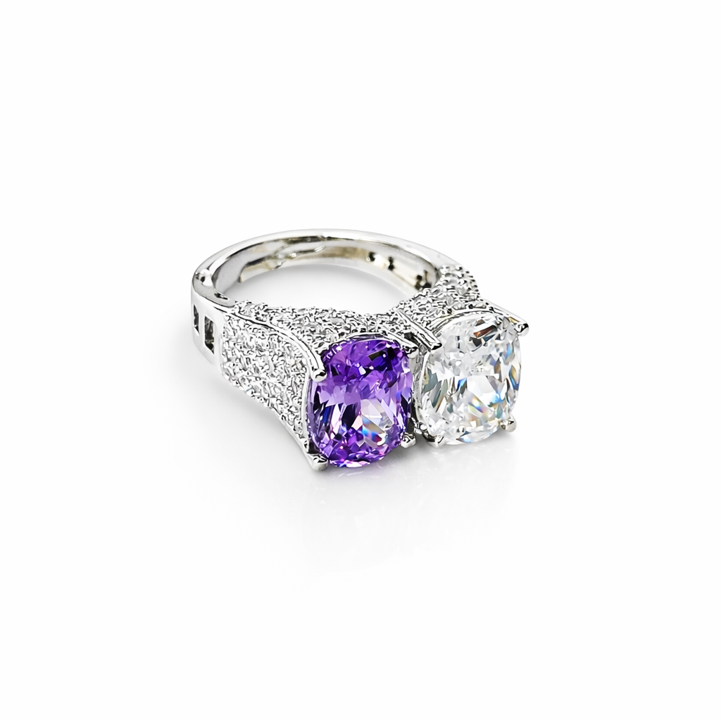 Light Purple Amethyst & Solitaire Cubic Zirconia Ice Cut American Diamond Silver Plated Adjustable Ring