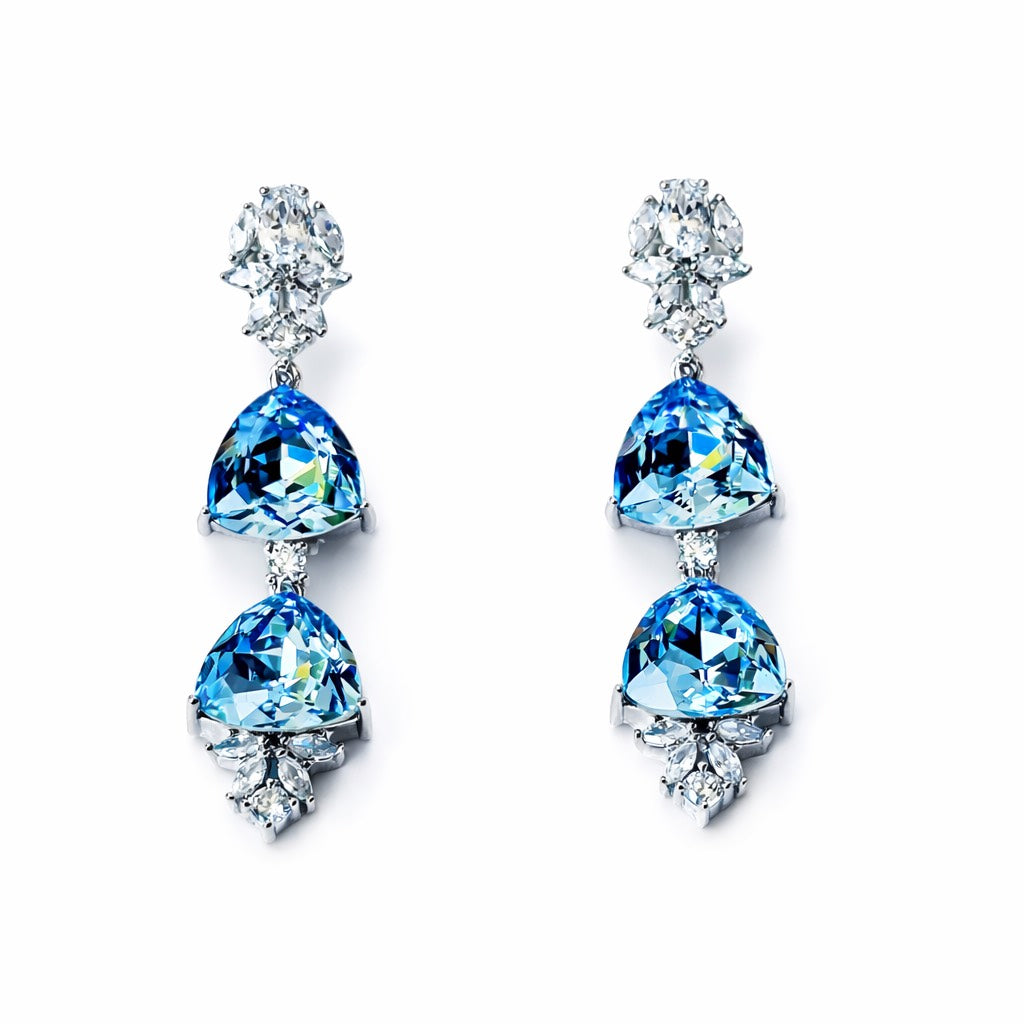 Indian Light Blue Sapphire Swarovski Crystal American Diamond Silver Plated Earrings