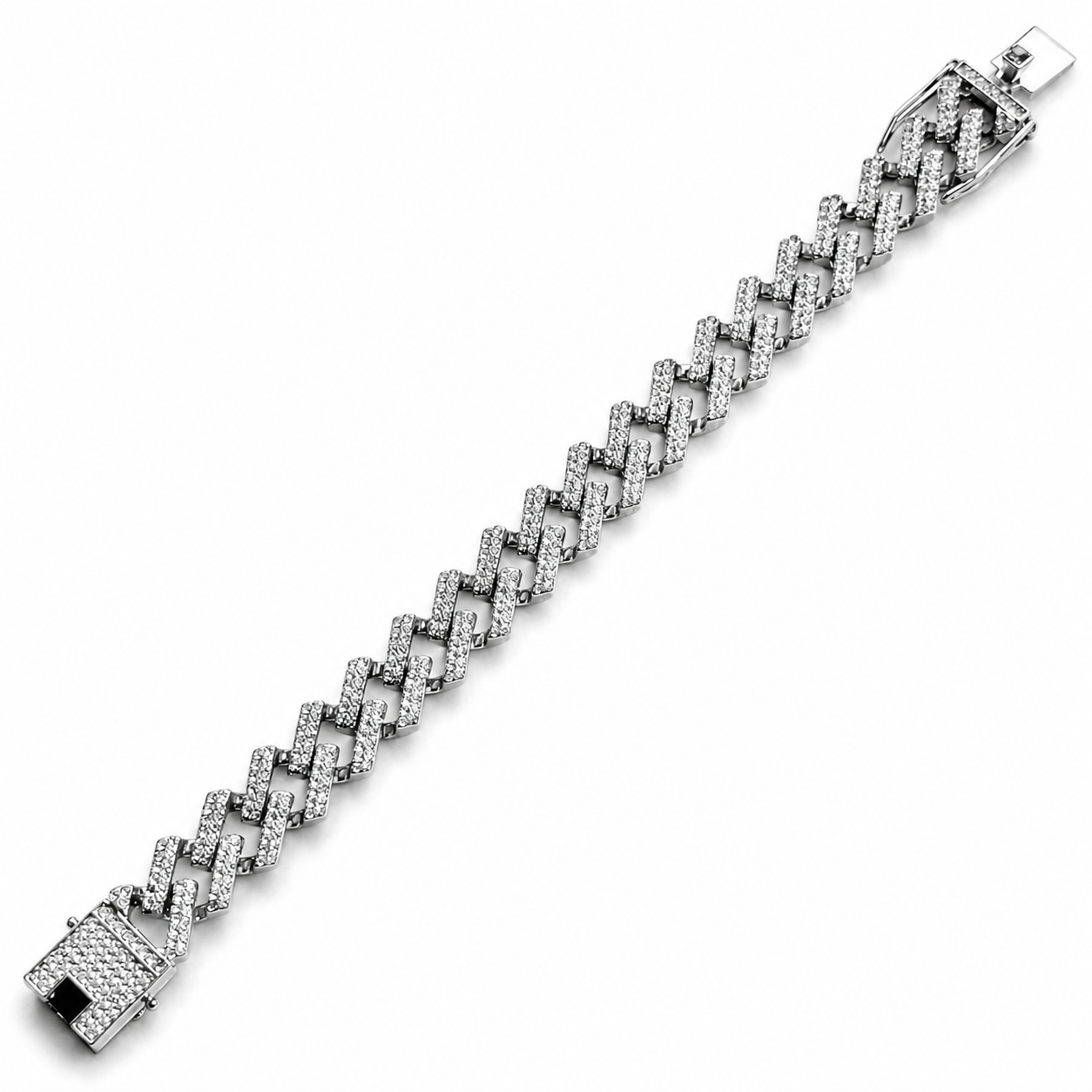 Solitaire Cubic Zirconia Iced-Out American Diamond Silver Plated Cuban Chain Bracelet