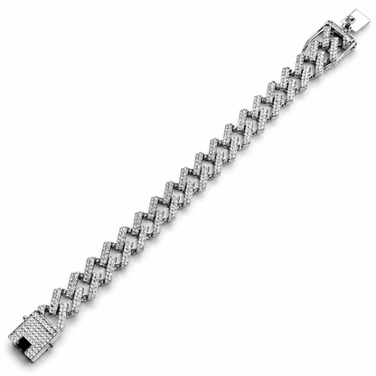 Solitaire Cubic Zirconia Iced-Out American Diamond Silver Plated Cuban Chain Bracelet