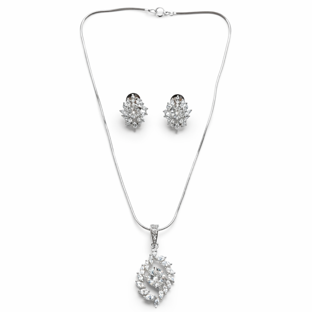Solitaire Cubic Zirconia American Diamond Silver Plated Pendant Set