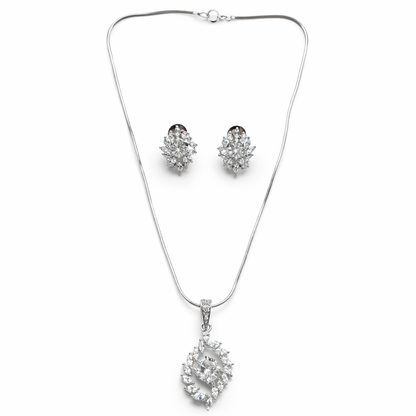 Solitaire Cubic Zirconia American Diamond Silver Plated Pendant Set