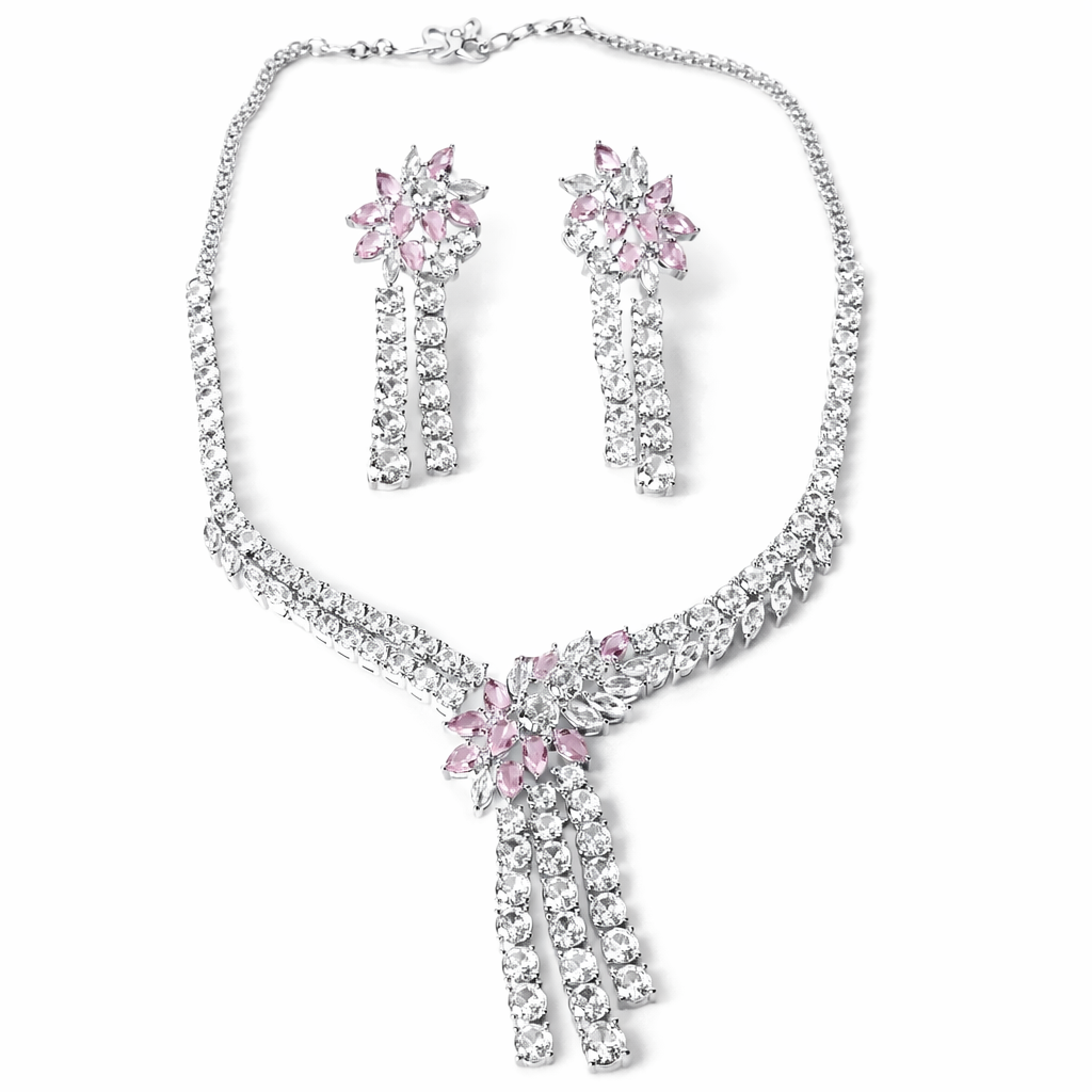 Pink Topaz Cubic Zirconia American Diamond Silver Plated Necklace Set