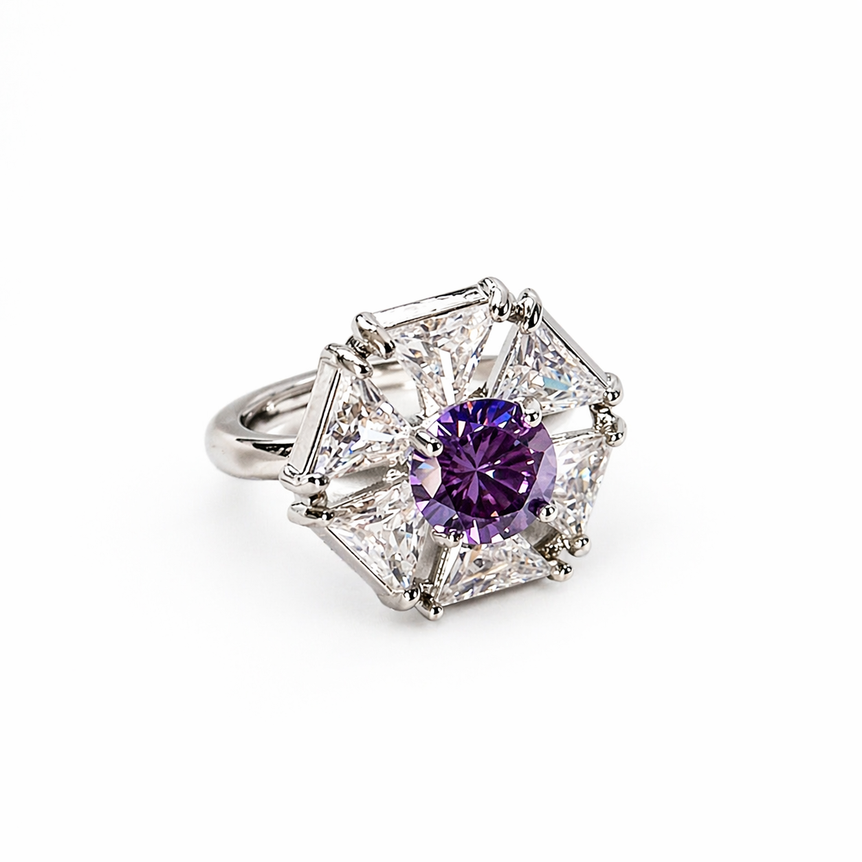 Purple Amethyst Cubic Zirconia Ice Cut American Diamond Silver Plated Adjustable Ring