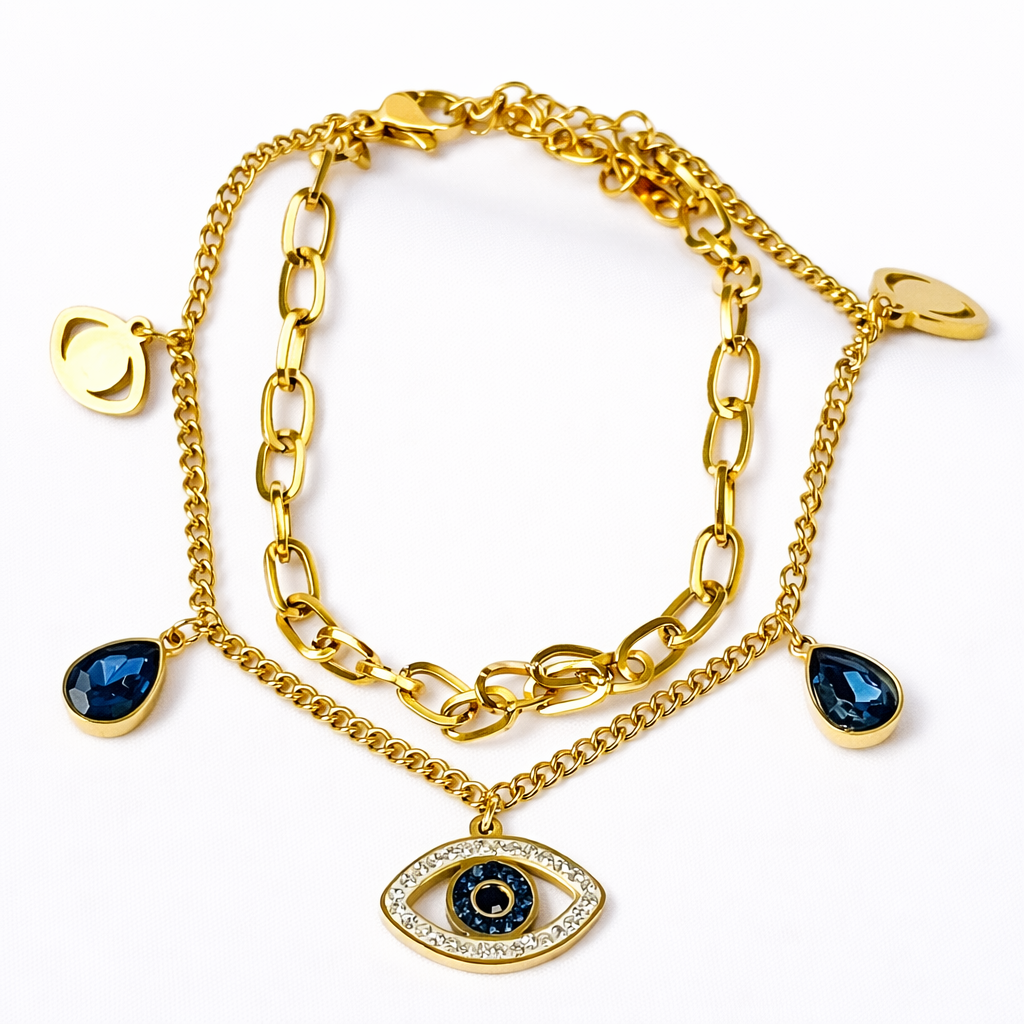 Evil Eye Blue Sapphire Cubic Zirconia American Diamond Gold Plated Anti-Tarnish Bracelet