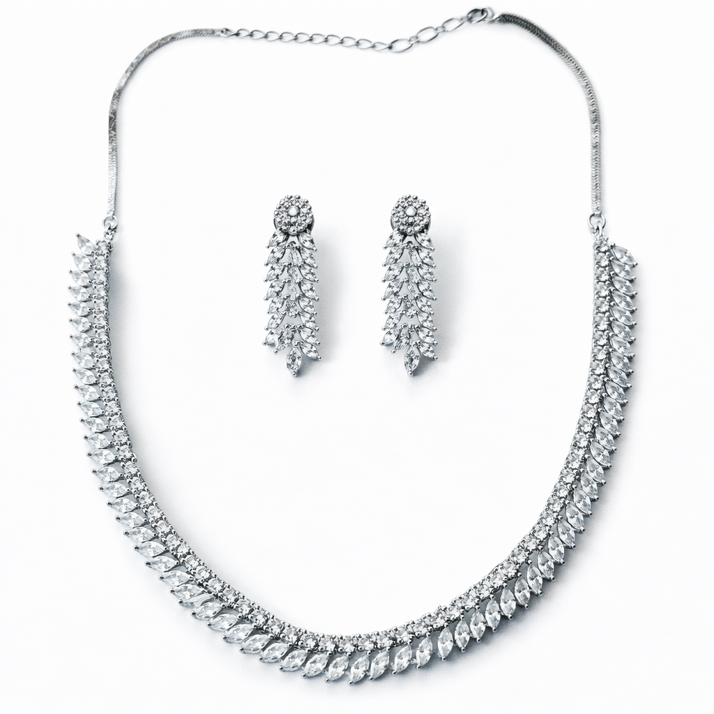 Solitaire Cubic Zirconia American Diamond Silver Plated Necklace Set