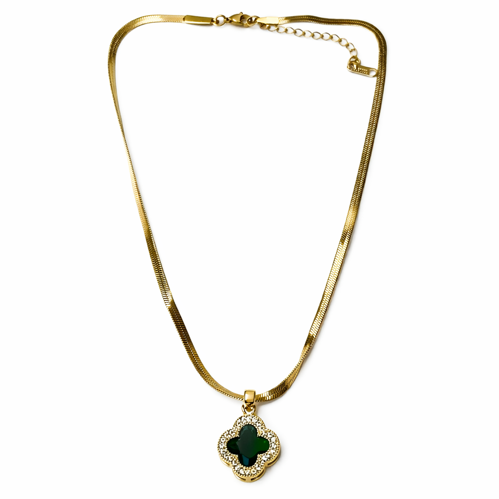 Green Flower Design American Diamond Gold Plated Anti-Tarnish Necklace