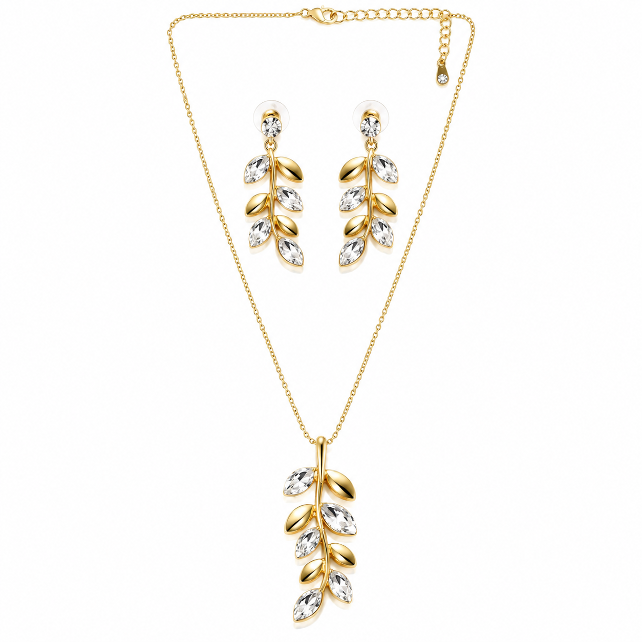 Solitaire Cubic Zirconia Leaf Design American Diamond Gold Plated Pendant Set