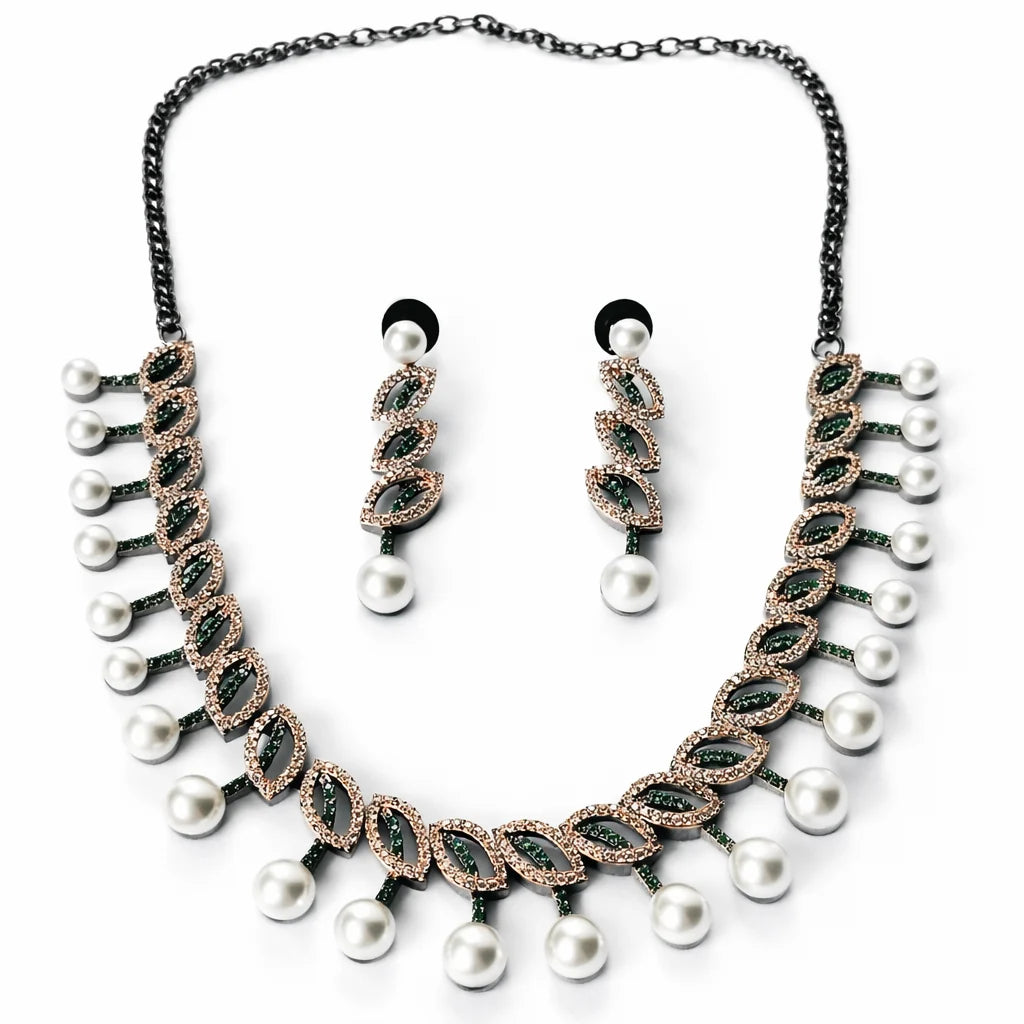 Green Emerald Cubic Zirconia American Diamond Victorian Plated Necklace Set