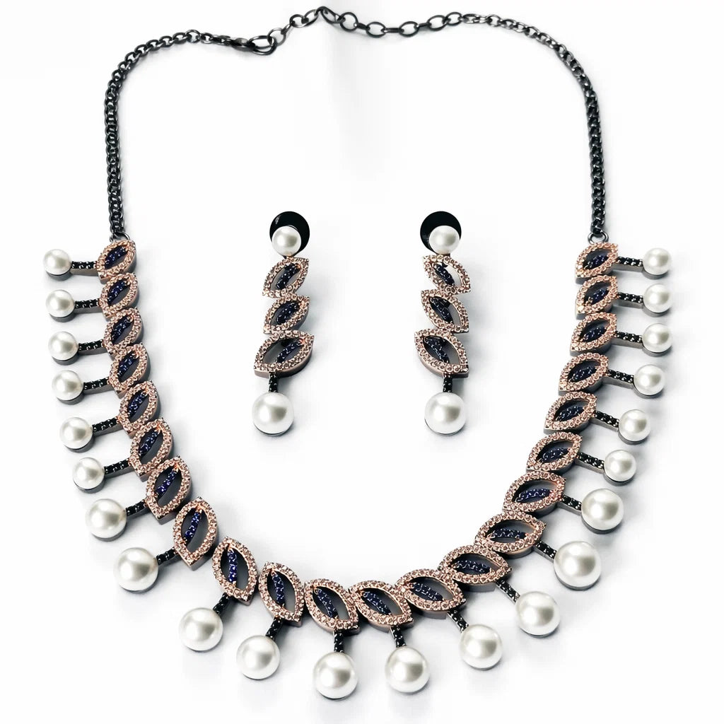 Black Cubic Zirconia American Diamond Victorian Plated Necklace Set